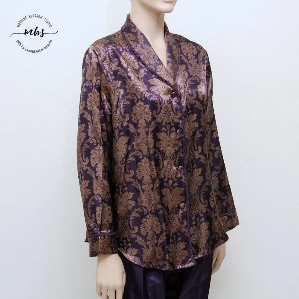 Design Studio Floral Brocade Pajama & Robe Set Tassel Tie Purple Golden Women S - Picture 7 of 16